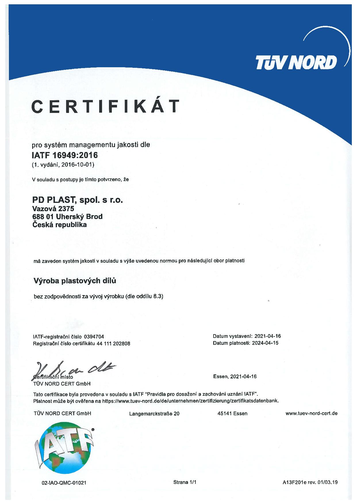 certifikát kvality IATF 16949:2016