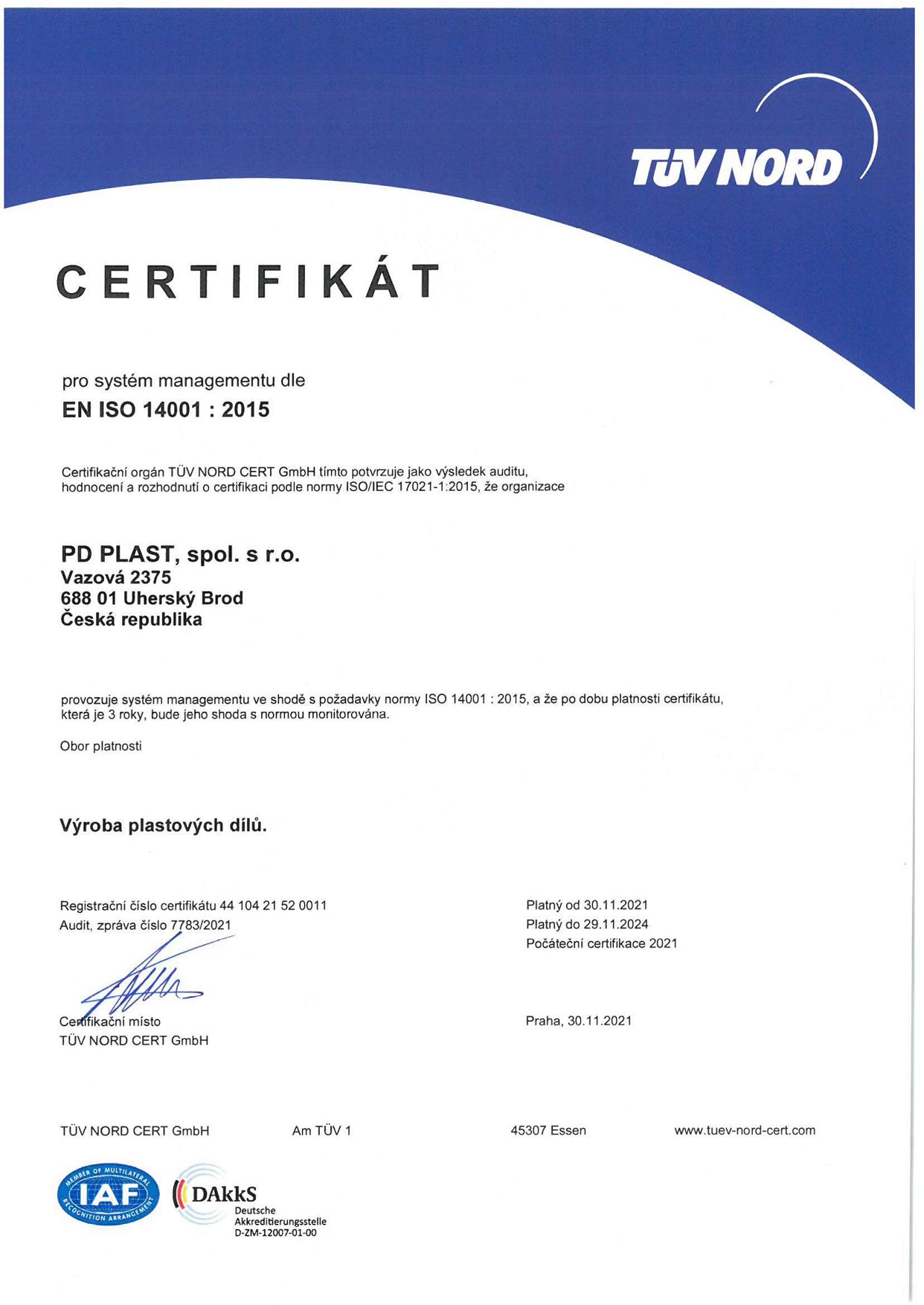 certifikát kvality ISO14001:2015